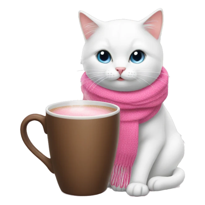 White cat with a pink scarf drinking hot chocolate from a pink cup sticker