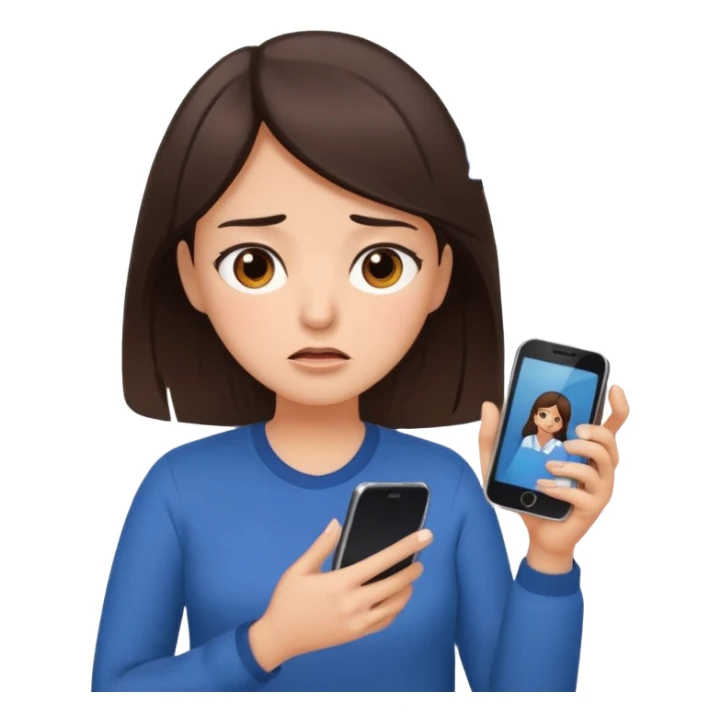Social media manager. She has dark brown hair, brown eyes, overwhelmed expression, tired eyes, slightly stressed face,a holding a smartphone with notifications piling up sticker