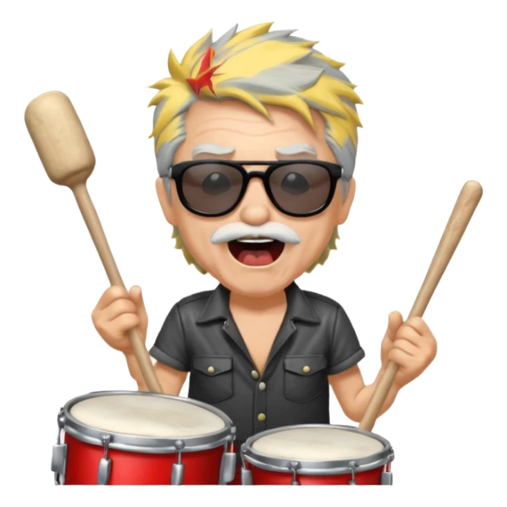 old rocker drummer singing, wild hair, sunglasses, holding drumsticks, open mouth, expressive, energetic sticker
