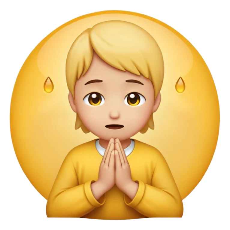 Yellow round emoji looking upwards with teary eyes and hands clasped praying sticker