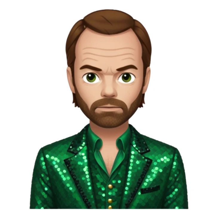 Hugo Weaving with brown hair, dark green sequin outfit sticker