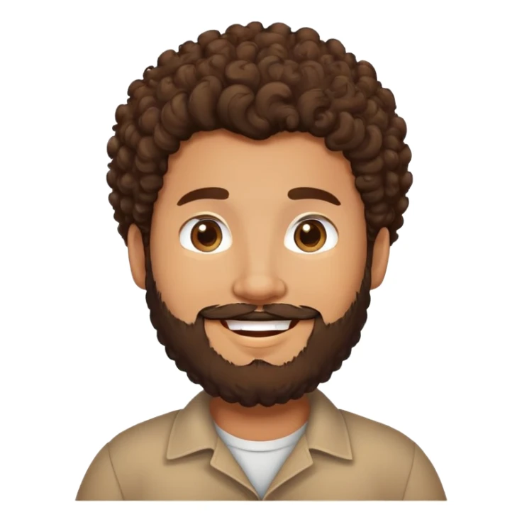 tan guy with brown and black curly hair, beard, chubby face, smiling sticker