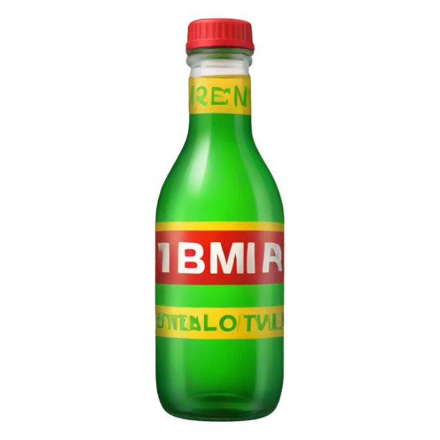 Green glass bottle with yellow and red letters  sticker