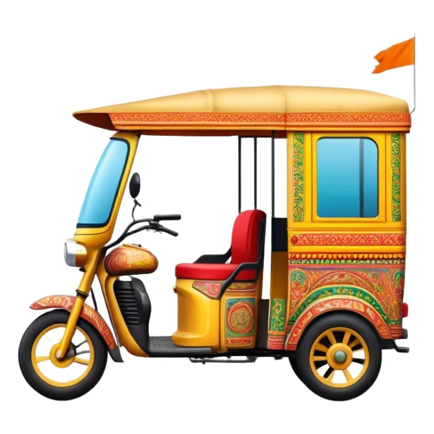 Cinematic Realistic Indian Auto Rickshaw Emoji, depicted as a colorful, bustling auto rickshaw with intricate designs and vibrant hues, rendered with lively textures and dynamic urban lighting that captures its quintessential presence in Indian cities. sticker