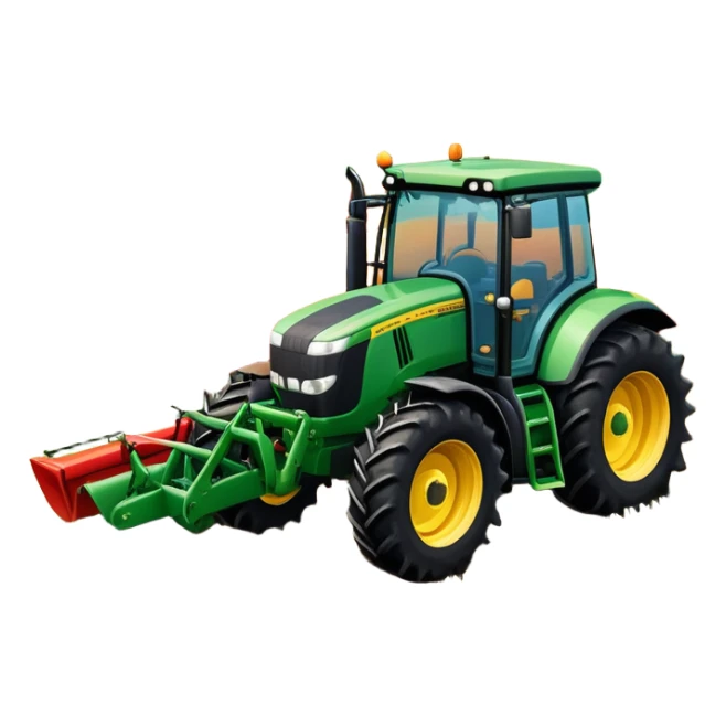 An icon representing a Farming Simulator 22, with a detailed tractor, plowing fields under a bright sky with a colorful rural landscape. The design includes farming tools, crops and barns, symbolizing the immersive experience of managing a farm. Transparent background. sticker