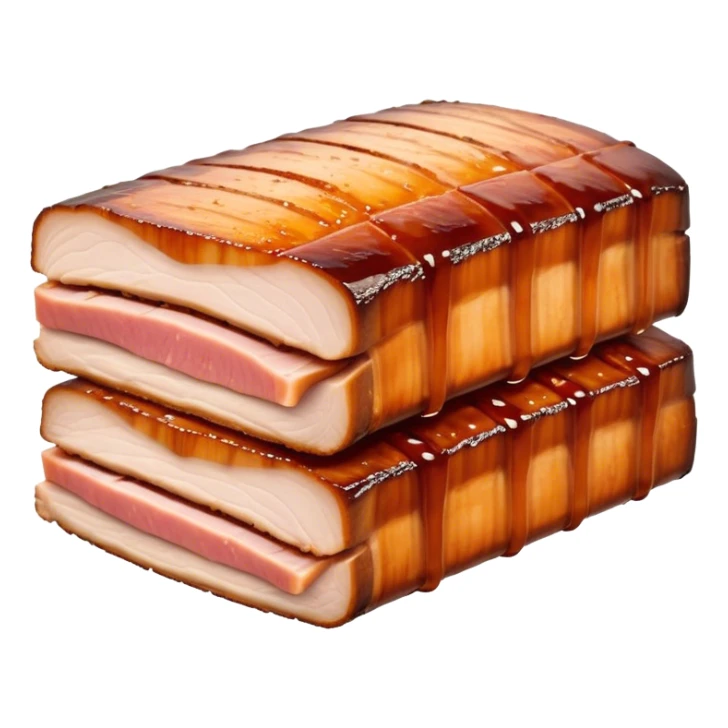 Cinematic tender pork belly, slow-roasted to perfection, crispy caramelized edges, glistening with juices, sliced into thick, rich layers, warm golden tones, luxurious and indulgent. sticker