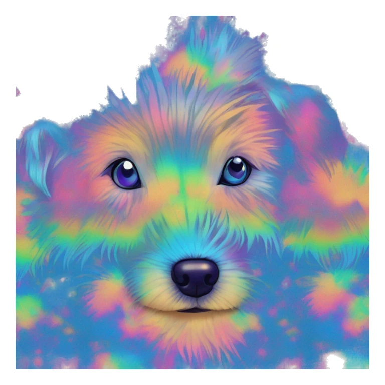 Multicolored rainbow retro groovy tie dye hippie trippy floral patterns on a metallic holographic iridescent blue dog face head unicorn sticker