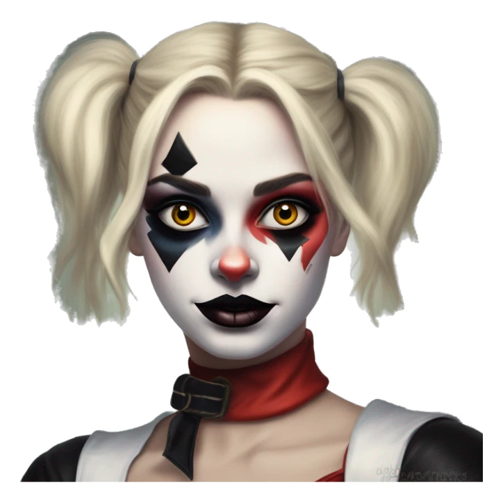 Dalahäst in Harley Quinn style, oil paint, mysterious eyes, intricate lips, masterpiece portrait, odd perspective, beautiful, desirable, logical sticker