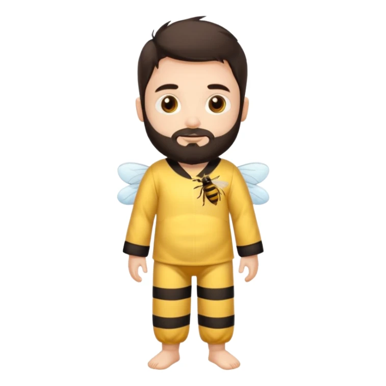 Grown up man with brown eyes, dark brown long hair, white skin, medium beard, full body in cute bee pijama sticker