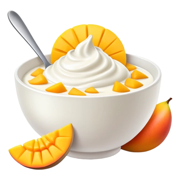 yogurt in a bowl with sliced mango pieces on top sticker
