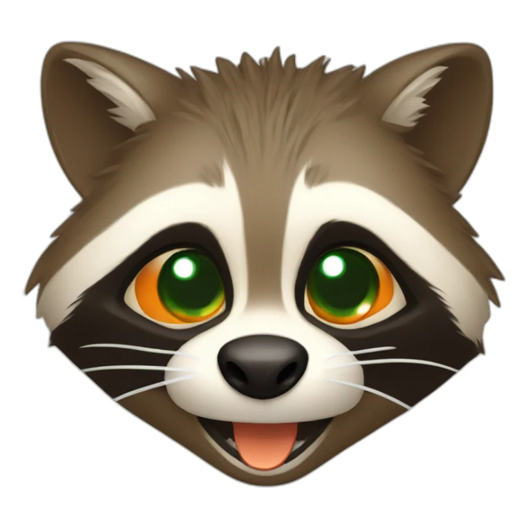 brown raccoon with orange eyes and a dark green hood that is laughing sticker
