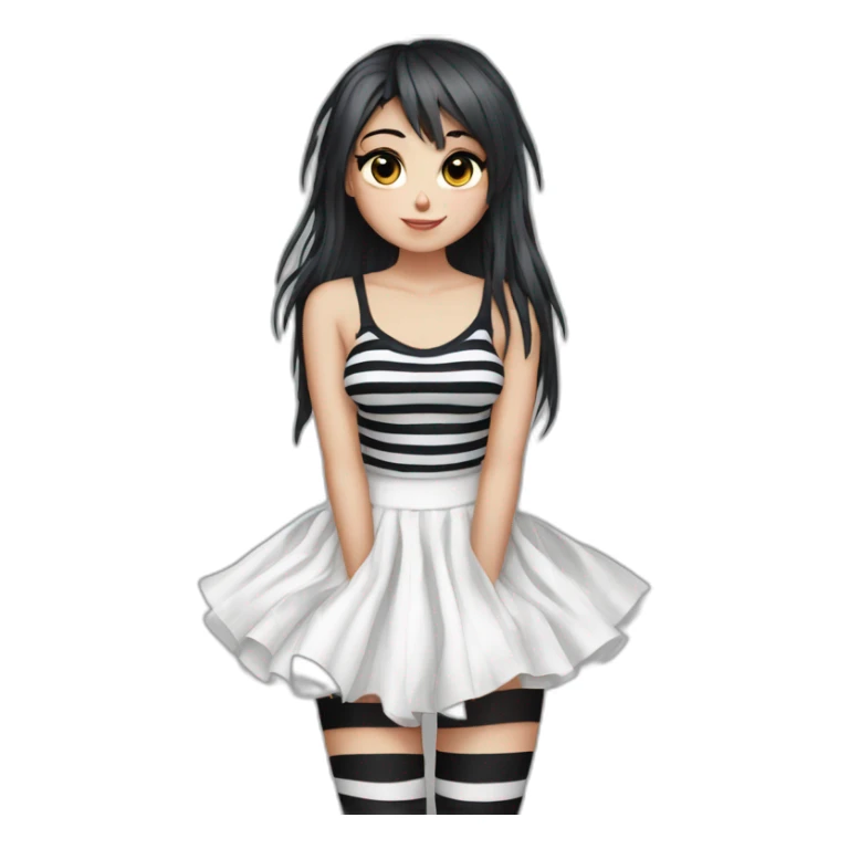 Frontal view curvy emo girl sits white skirt striped stockings hands up sticker