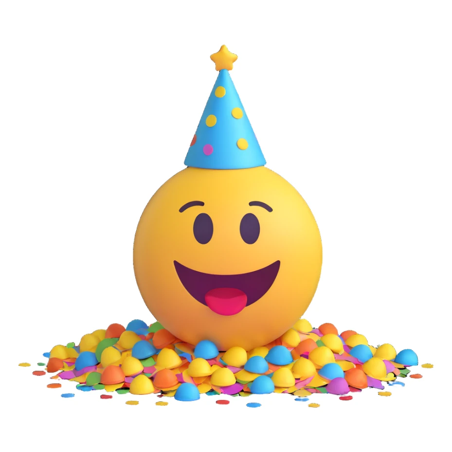 cheerful emoji celebrating Friday with party elements and confetti, fun vibe sticker