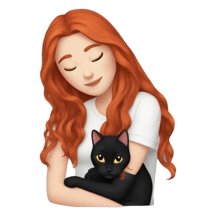 white girl with long red hair cuddling black cat sticker