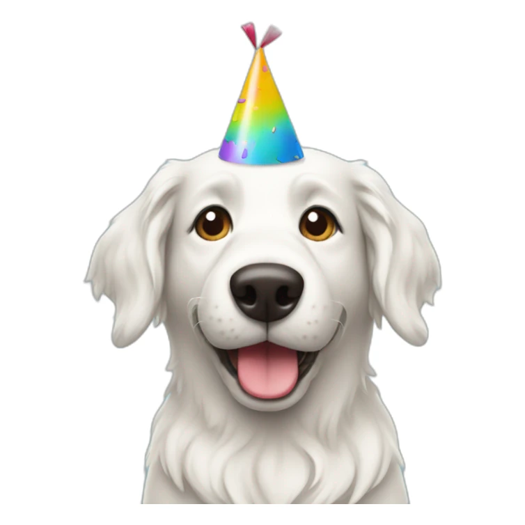happy white dog with party hat blowing out candles on a cake sticker