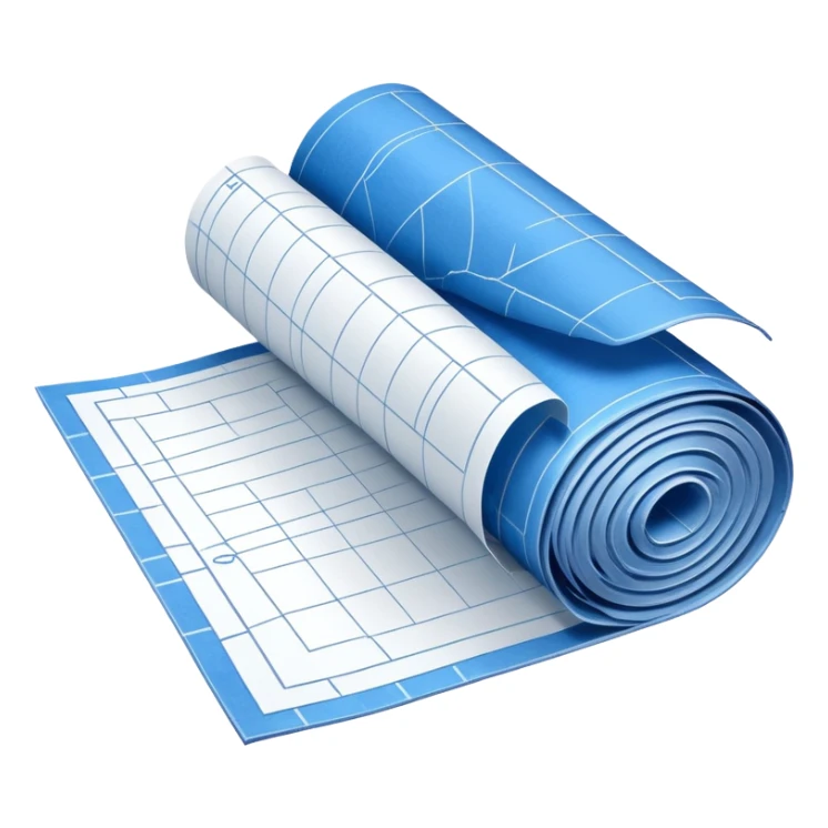 partially unrolled blue blueprint with white lines, side perspective sticker