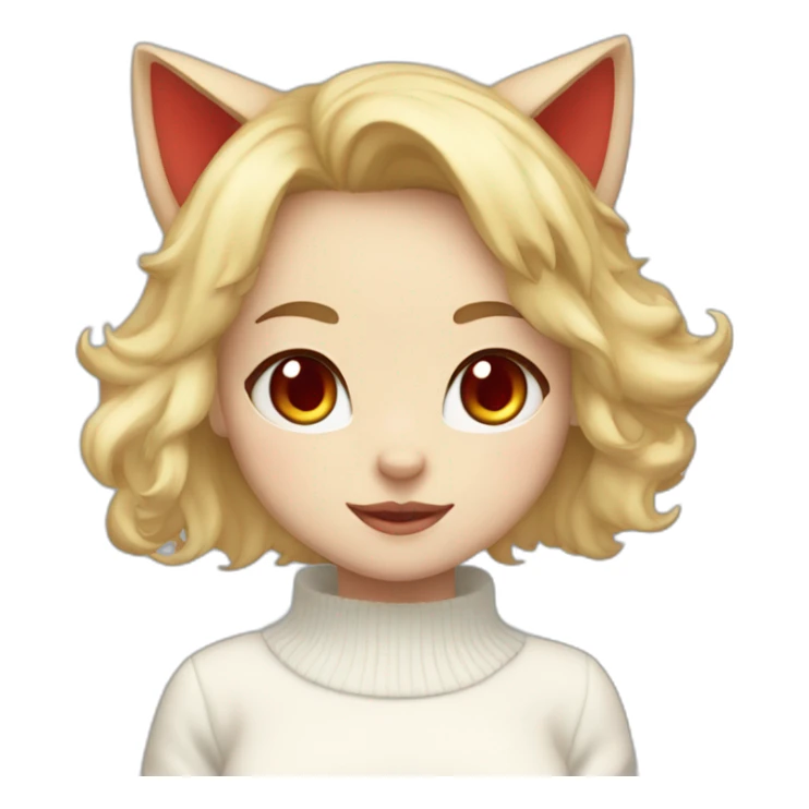 blonde-haired cat girl massive dome red eyes, cheeky expression, wearing a white sweater and a blue skirt sticker
