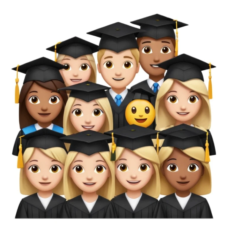 a group of diverse students in graduation caps, university building behind them, emoji style, inspired by 'KIDZ BOP Kids' sticker