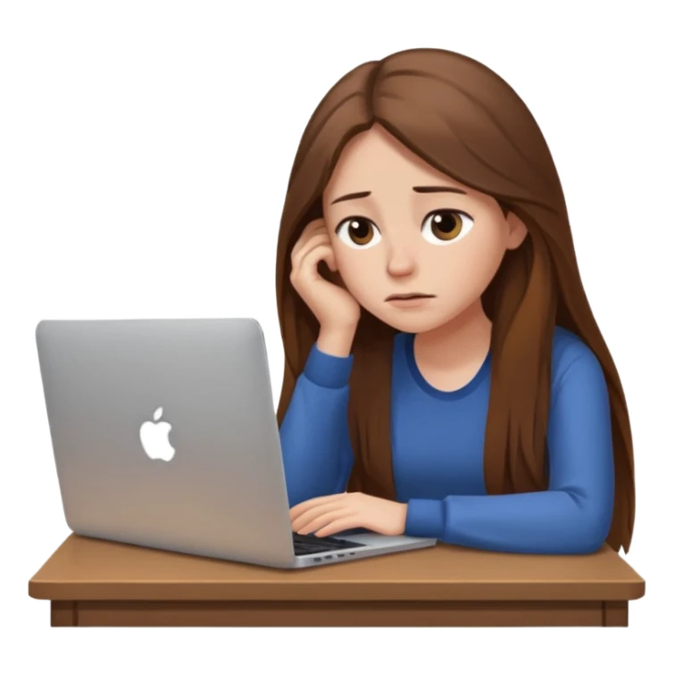 create a woman long hair brown, sitting with her macbook looking tired. looking at her computer, exausted  sticker