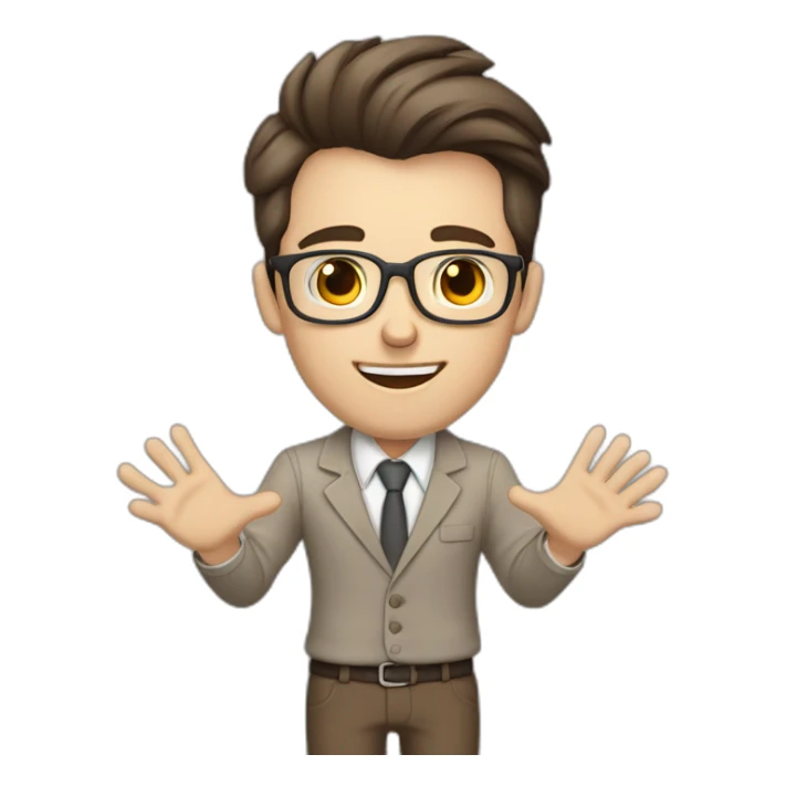 To belt Actively gesturing with hands Pale skinned fit man teacher with dark brown hair in gray jacket, beige office shirt, brown tie, brown pants and vintage glasses. sticker