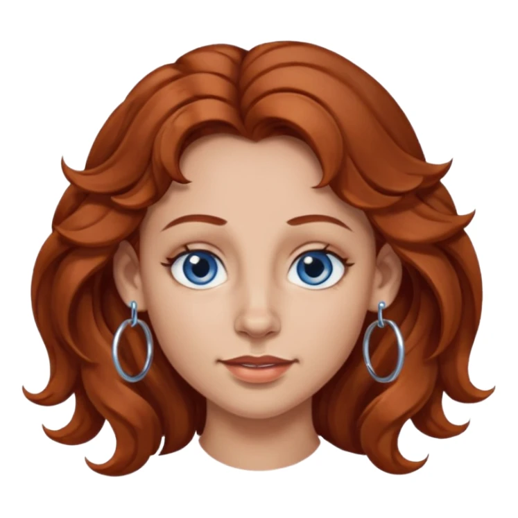 Create a custom emoji-style character inspired by a woman with medium length, wavy reddish-brown hair, light skin tone, dark blue eyes, a nose piercing on each nostril, and hoop earrings. Emphasize a mischievous expression. sticker
