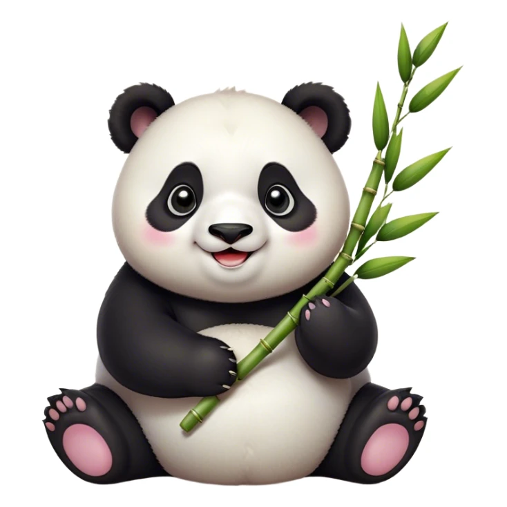 Cinematic smiling chubby panda, fluffy black and white fur, round rosy cheeks, tiny paws holding a bamboo shoot, sparkling eyes full of joy, soft glowing background, irresistibly huggable. sticker