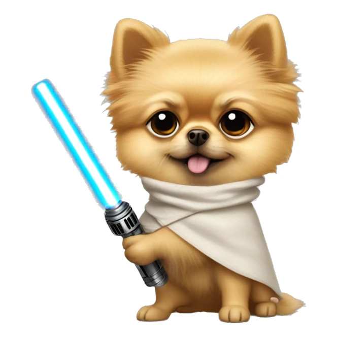 Pomeranian dressed as Luke Skywalker holding a lightsaber sticker