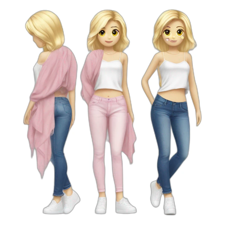 Fille cheveux blond long foncé peau blanche jeans noir pull tie n die rose sticker