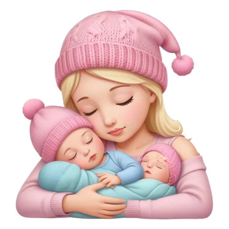 peaceful infant baby sleeping on mother's arm wearing cute pink knitted hat sticker