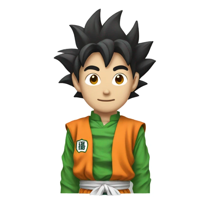 goku wearing a shirt with white and green vertical stripes and a triangular badge sticker