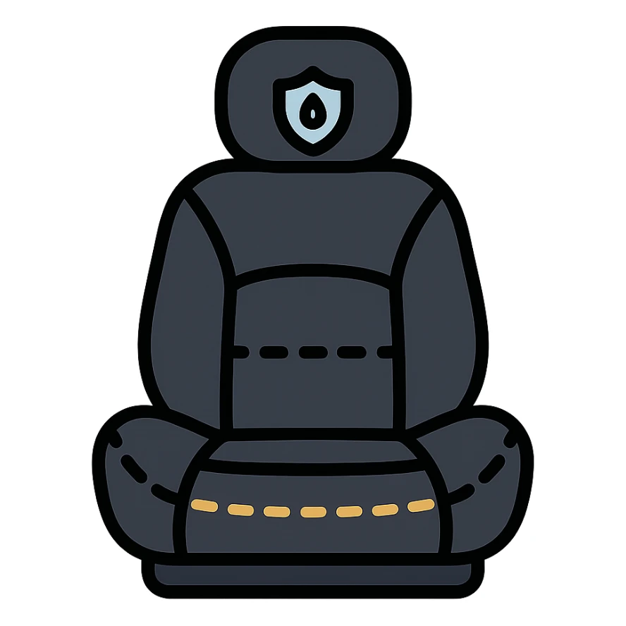 luxury car seat in matte black with a small droplet or shield on the headrest, elegant stitching, minimalist lines, modern and clean style icon sticker