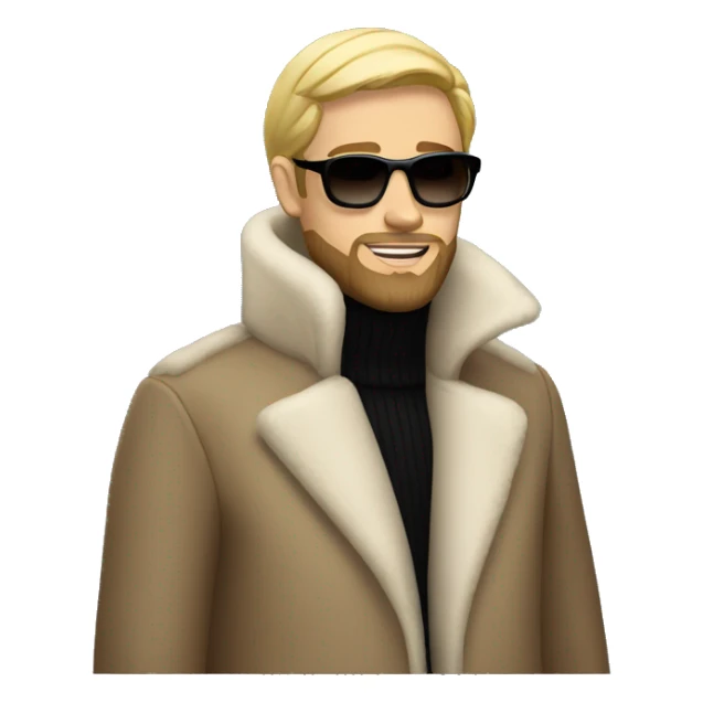 Blond man with beard wearing a long mink coat, sunglasses, and a high neck turtleneck sticker