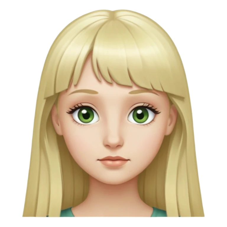 Girl with long blonde hair, micro bangs, no eyebrows, grey green eyes, and long eyelashes sticker
