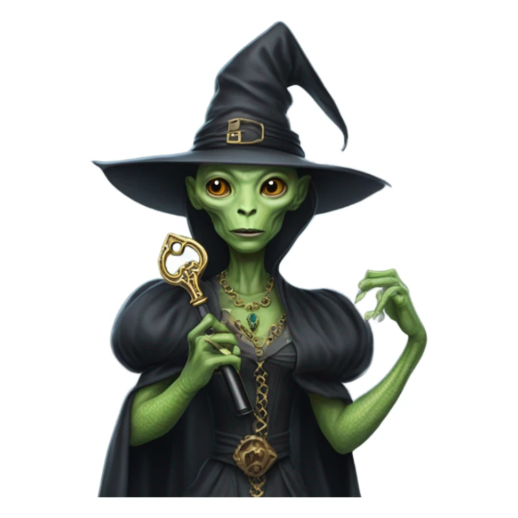 a Reptilian alien woman, as witch, holding a big key sticker