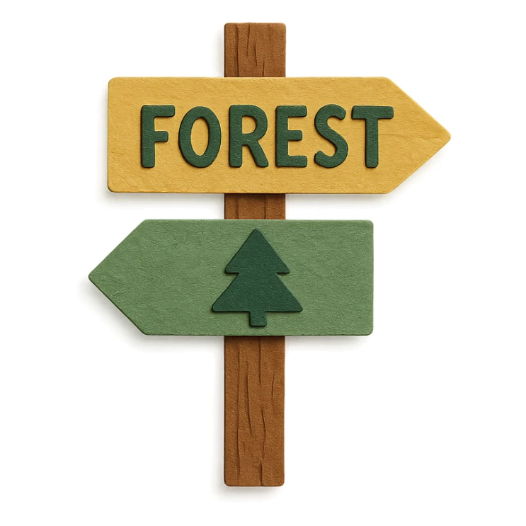 tiny wooden signpost with forest directions, paper craft style illustration sticker