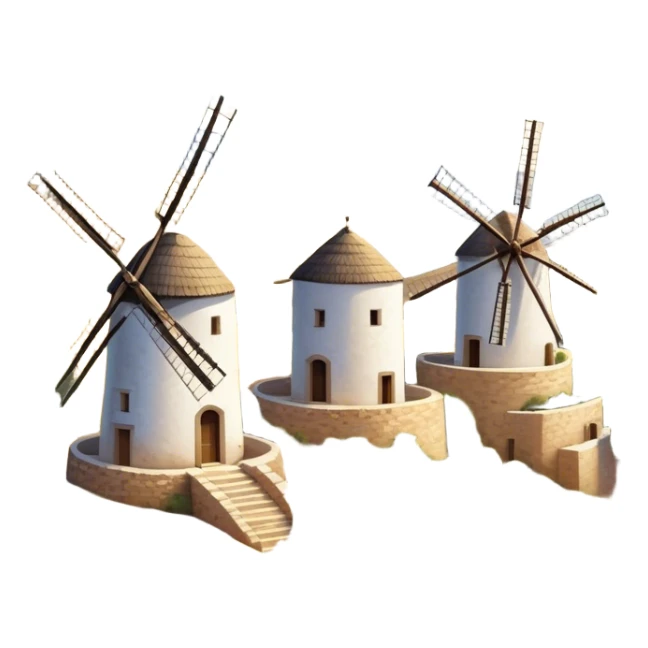 ​Cinematic Realistic Spanish Windmills (Mota del Cuervo), depicted as a cluster of gracefully aged windmills with weathered whitewashed facades and rustic wooden sails, standing proudly on a sunlit, rolling hillside of golden fields and olive groves, rendered with intricate textures and soft natural lighting that captures the timeless rural charm and historical significance of the Spanish landscape, sticker