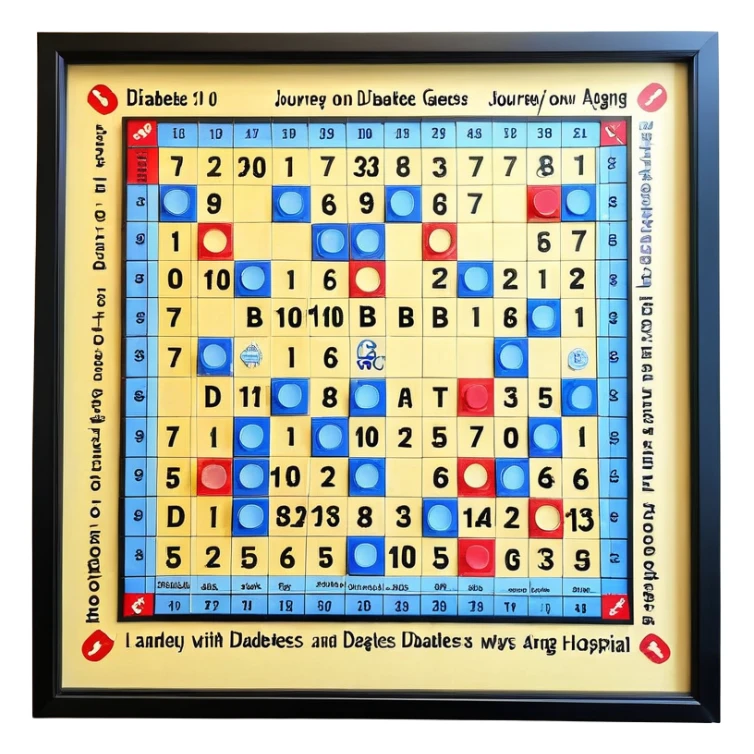 journey on a smaller area game board about Type 1 diabetes and aging, landing for hospital, a house and senior residential, advocacy, physical changes, coping skills for knowledge and ways of coping, Text: T1D to 100. Subtext: Aging with Type 1 diabetes, easy for seniors to see sticker