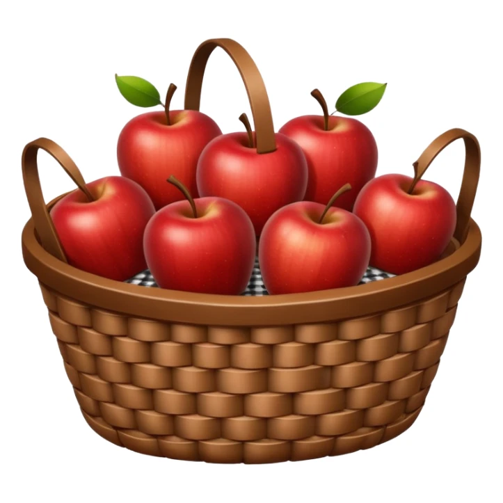 woven basket with apples and white checkered cloth, brown sticker