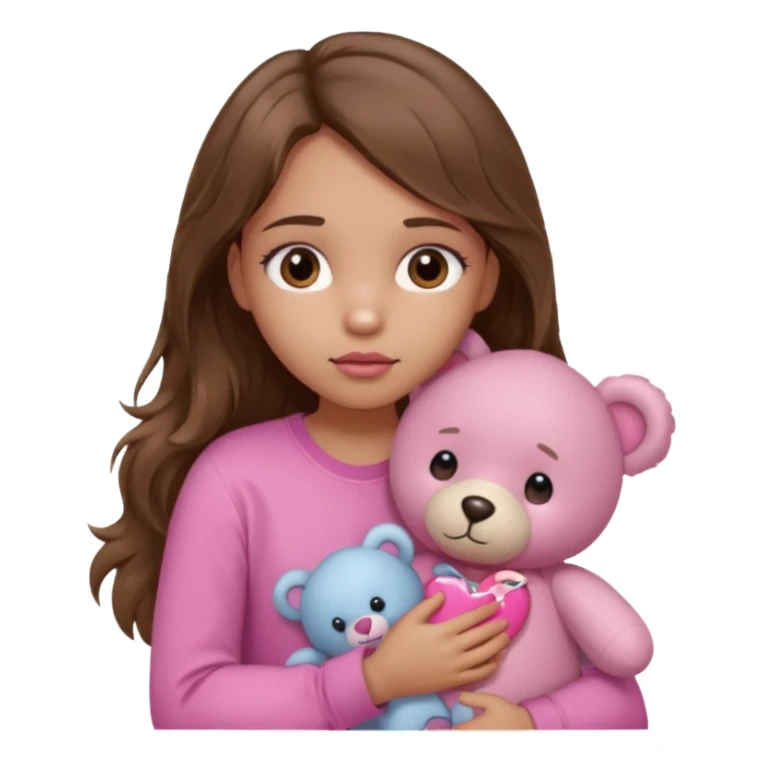 girl with long wavy brown hair, brown eyes, light to medium complexion, in a pink shirt, pink lips, long lashes, sad, hugging squeezing a teddy bear with bandaid hearts sticker