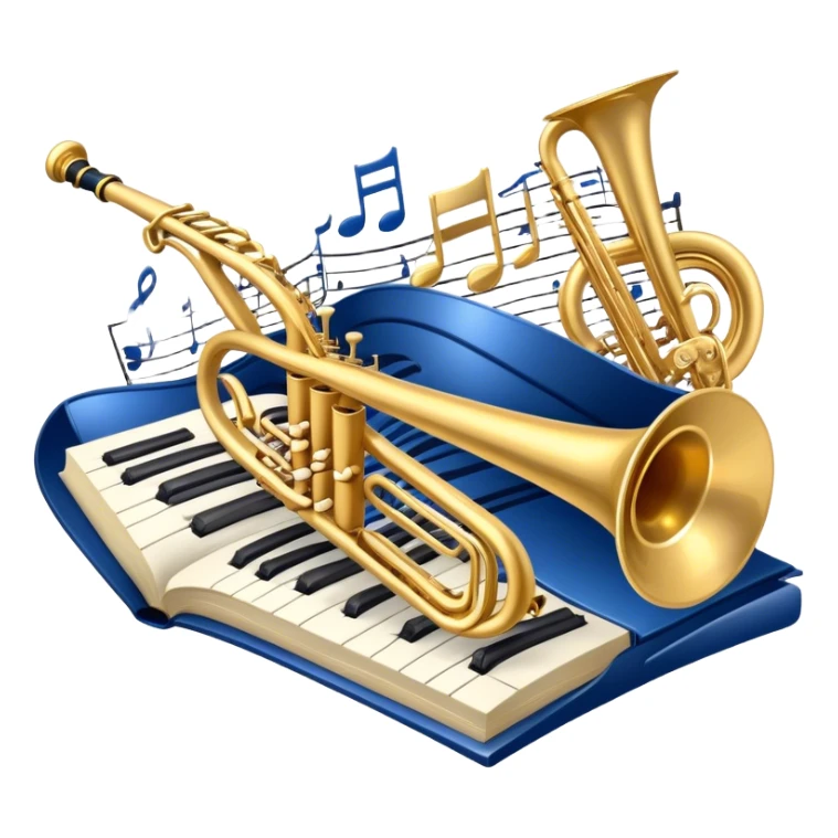 Create an elegant and refined emoji that represents orchestration and arrangement. The design should feature a musical score or sheet music with various orchestral instruments like a violin, a trumpet, and a grand piano subtly integrated into the composition. Add a conductor's baton, symbolizing the guiding hand of orchestration, and flowing musical notes that move between the instruments. Use rich, classic colors like gold, silver, and deep blue to evoke the sophistication of orchestral music. The background should be transparent, with a touch of intricate details to represent the complexity of orchestration. sticker