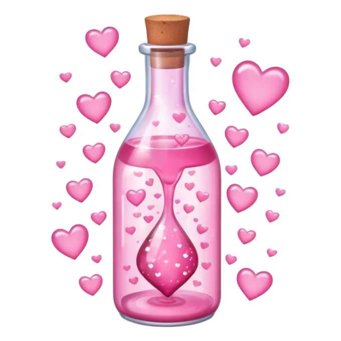 love spell. A cartoon a cute glass bottle with pink liquid, labeled “obsessed”, with hearts and sparkles swirling around. light pink dreamy vibe sticker