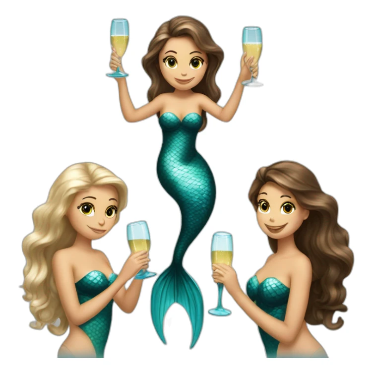 3 mermaids (2 brown hair with brown eyes and 1 blond with blue eyes) drinking champagne sticker