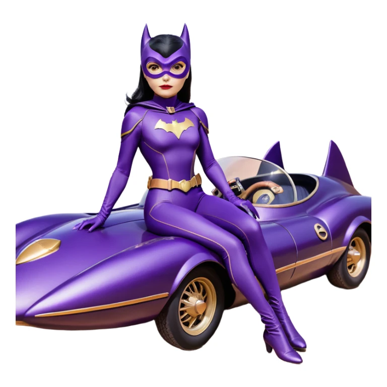  proportionally correct, real-appearance racing BatGirl’s feminine midnight-purple tight outfit sixty’s tv show 2032 stealth retro cat burglar sporty petite off-road pursuit hovering black hover cruiser car rose gold accents (black hair,reclined and relaxed seating position and attitude) desert sticker