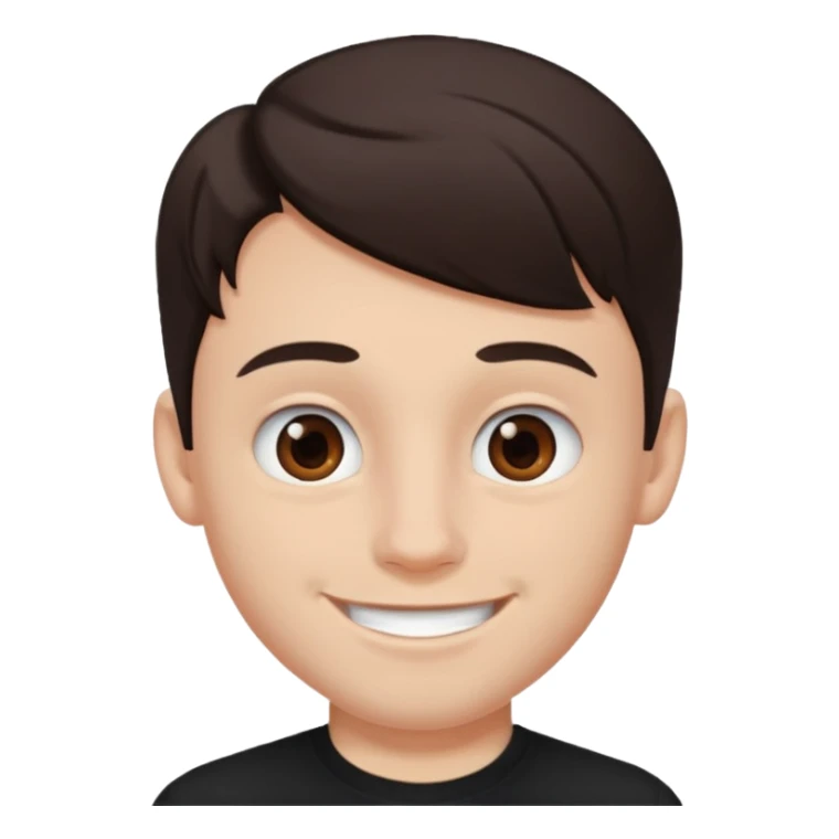 a white boy with dark brown hair, brown eyes, black septum nose piercing, black shirt sticker