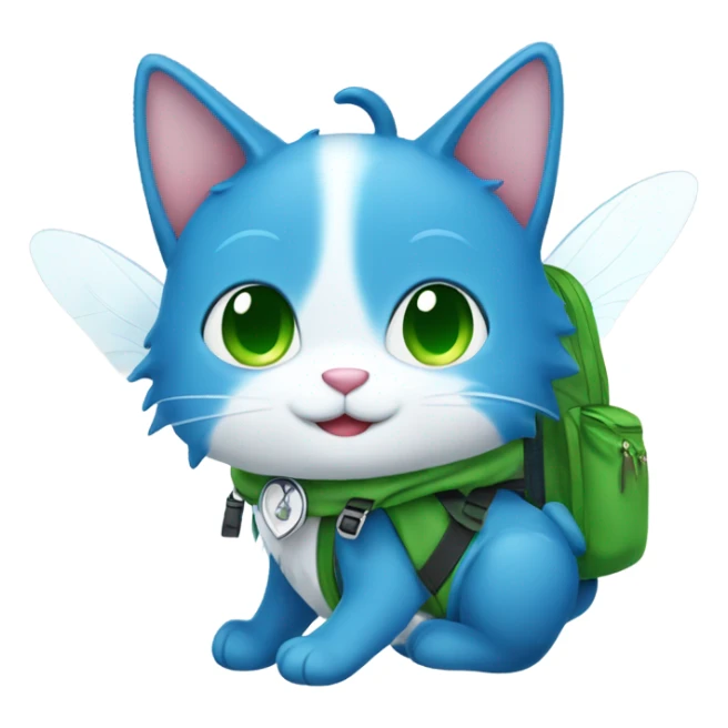 happy fairy tail blue cat with white wings and green backpack  sticker