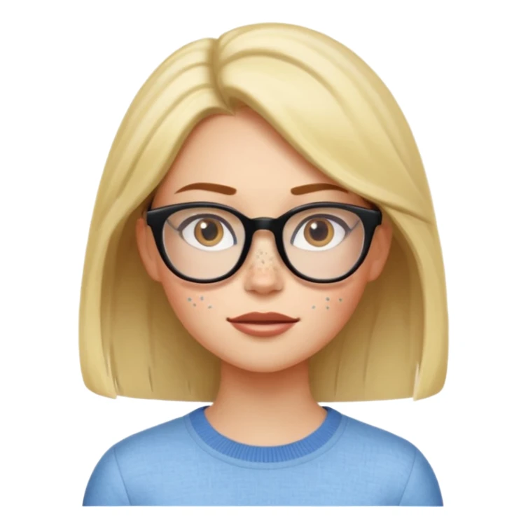 Emoji-style character illustration, inspired by expressive Pixar-style emotions. A slim female character with light skin and visible freckles, strong and confident facial expression. hair, stylish, medium length, glasses ,facial expressiveness inspired by the character Envy from Inside Out,  sticker