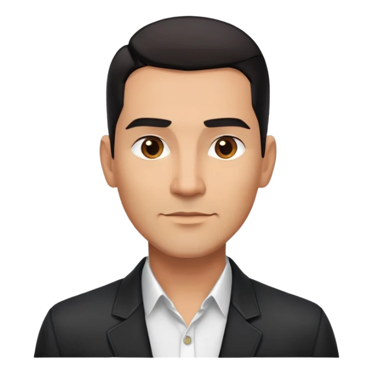 Attractive Hispanic TV host in his mid to late 40s with light brown skin, short straight black hair slicked back with fade on sides, square handsome face with strong jawline, friendly approachable expression, wearing open black jacket revealing white buttoned shirt underneath sticker