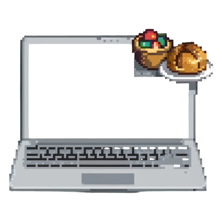 coffee shop accessories: laptop, notebook, and a croissant sticker