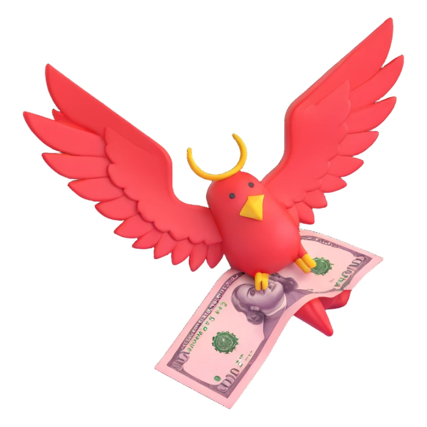 A 5000 ruble banknote with red color and wings sticker