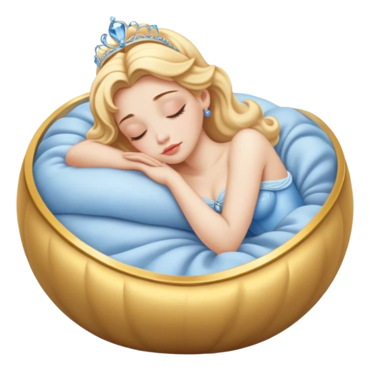 Cinematic Realistic Sleeping Cinderella Portrait, portrayed with exceptional realism: her luminous porcelain skin and exquisitely detailed golden-blonde hair lie softly under the gentle caress of natural light. Her eyes are peacefully closed in a serene, dreamlike slumber, and every fold and shimmer of her iconic ball gown is rendered with painstaking detail. The overall composition radiates a quiet, enchanting glow that encapsulates the timeless, restful beauty of a princess lost in a gentle, magical dream. sticker